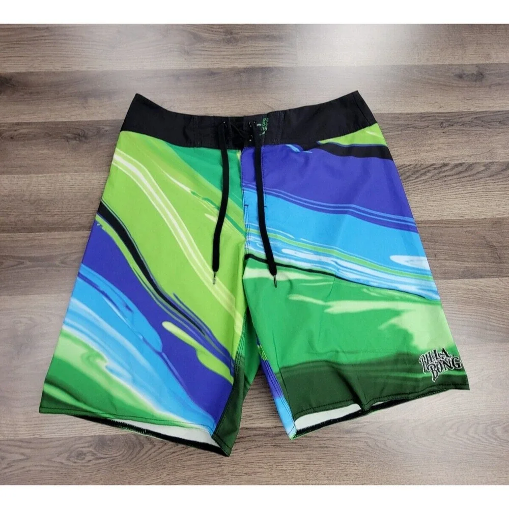 Billabong Swim Trunks Size 33 Green Drawstring Casual Shorts Beach Surf Pocket